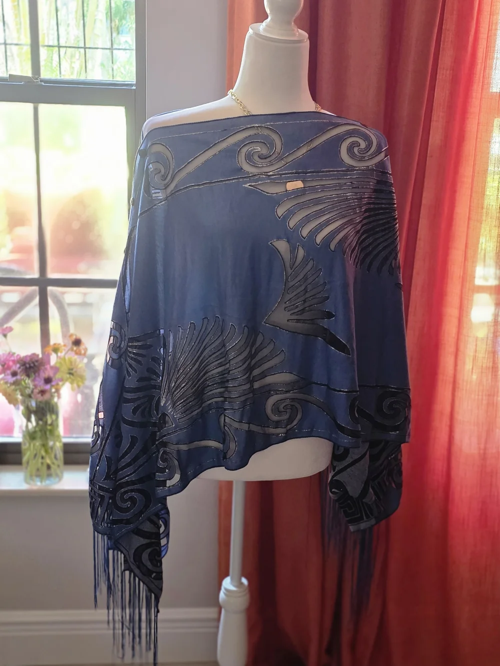 Elegant Navy Blue Fringe Wrap Scarf